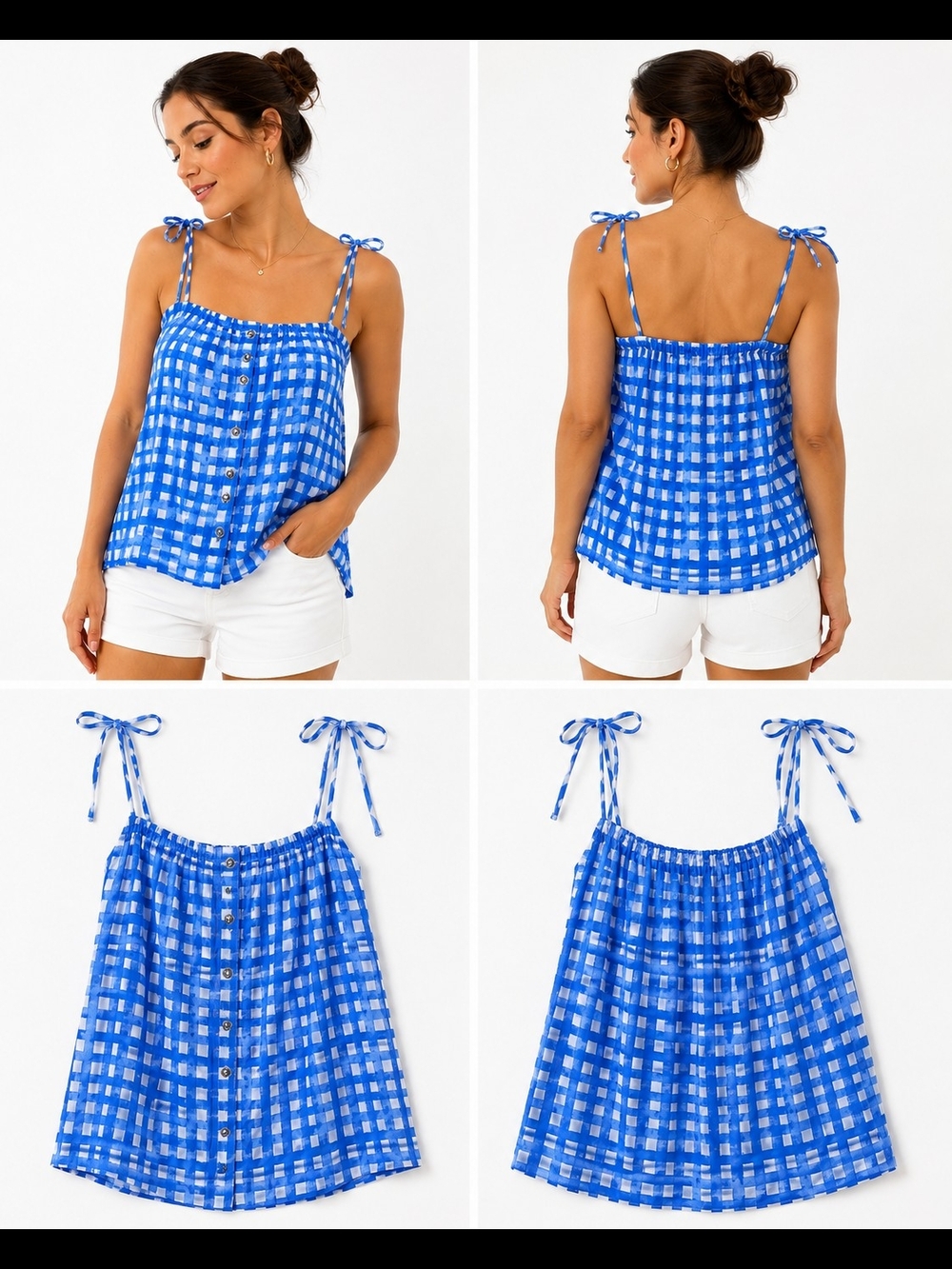 Lilly Pulitzer Blue White Check Print Tie Strap Cami Tank Top Size L